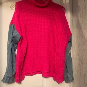 Pink Knit Sweater with Denim Sleeves